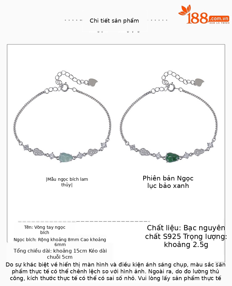Vòng tay bạc S925 đính ngọc bích xanh phong cách Trung Hoa xếp chồng — Mẫu ngọc nước xanh chi tiết 2