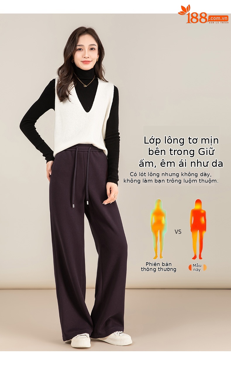 Quần ống rộng nữ cạp cao dáng suông chất Tencel Modal len lót lông cừu — màu tím chi tiết 13