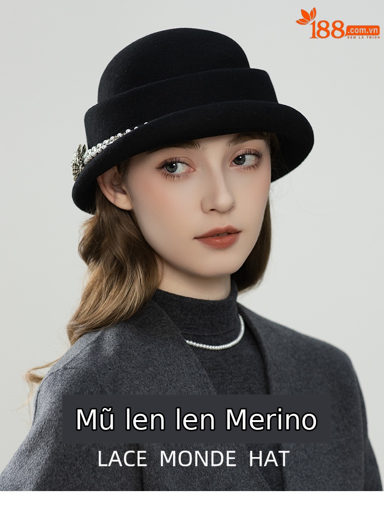 Mũ len nữ phong cách Anh cổ điển vành ngắn, chất len pha, form tròn ôm đầu — màu đen chi tiết 1