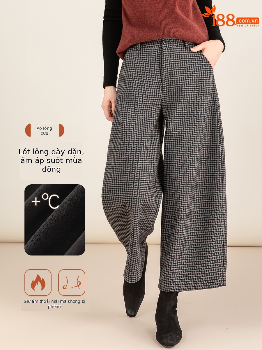 Quần tây len kẻ sọc Hàn Quốc ống rộng dáng suông lót lông cừu — con chó sọc xám