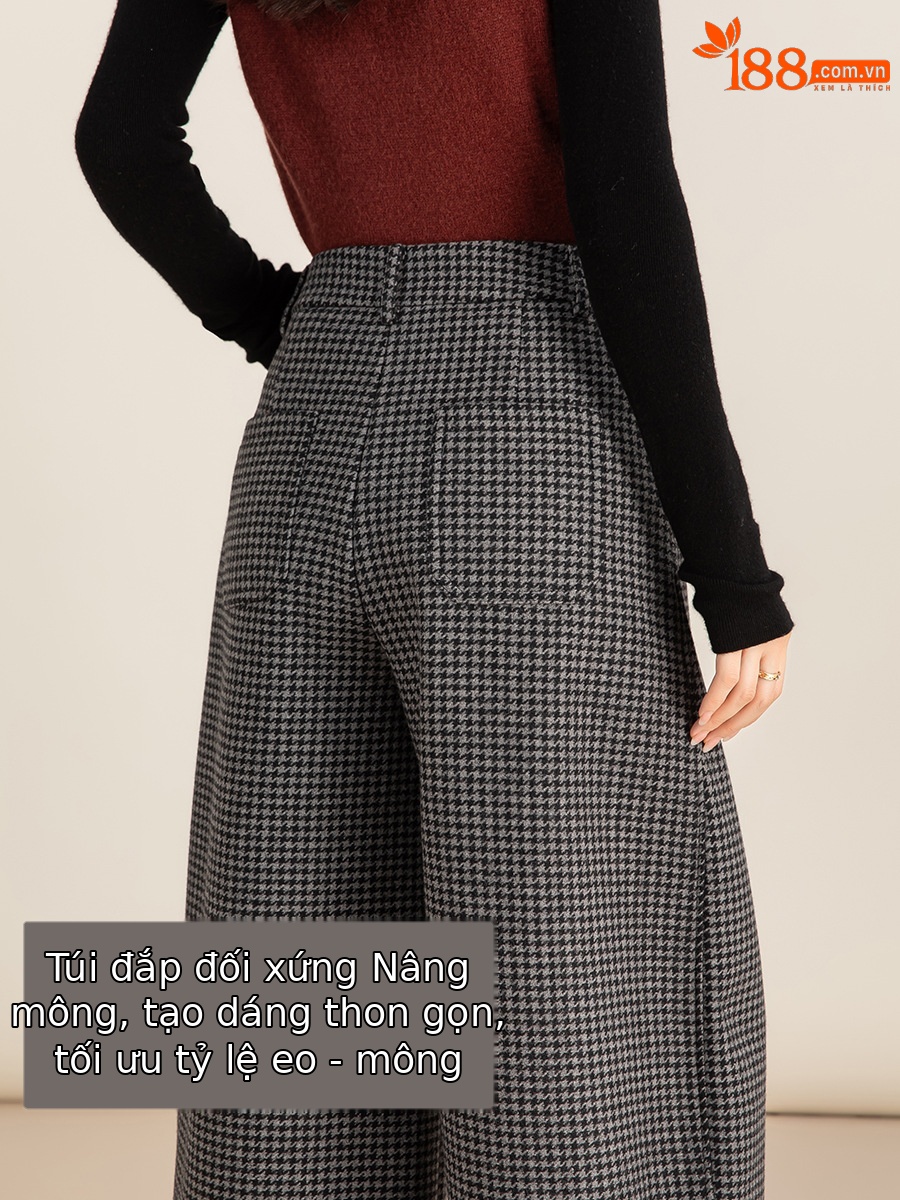 Quần tây len kẻ sọc Hàn Quốc ống rộng dáng suông lót lông cừu — con chó sọc xám