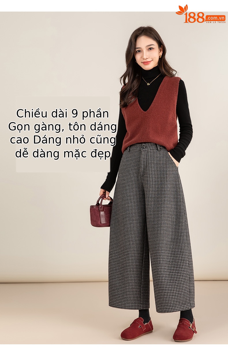 Quần tây len kẻ sọc Hàn Quốc ống rộng dáng suông lót lông cừu — con chó sọc xám chi tiết 12