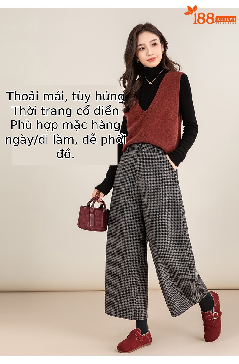 Quần tây len kẻ sọc Hàn Quốc ống rộng dáng suông lót lông cừu — con chó sọc xám chi tiết 16