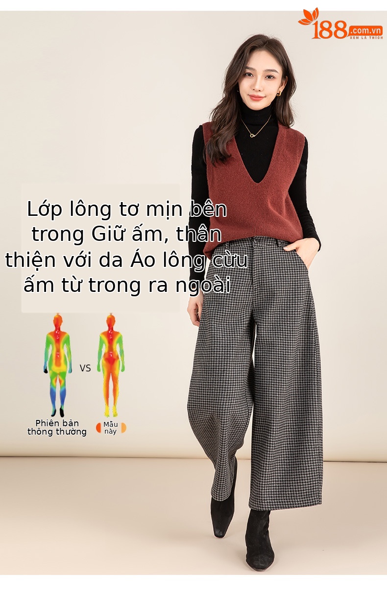 Quần tây len kẻ sọc Hàn Quốc ống rộng dáng suông lót lông cừu — con chó sọc xám chi tiết 13