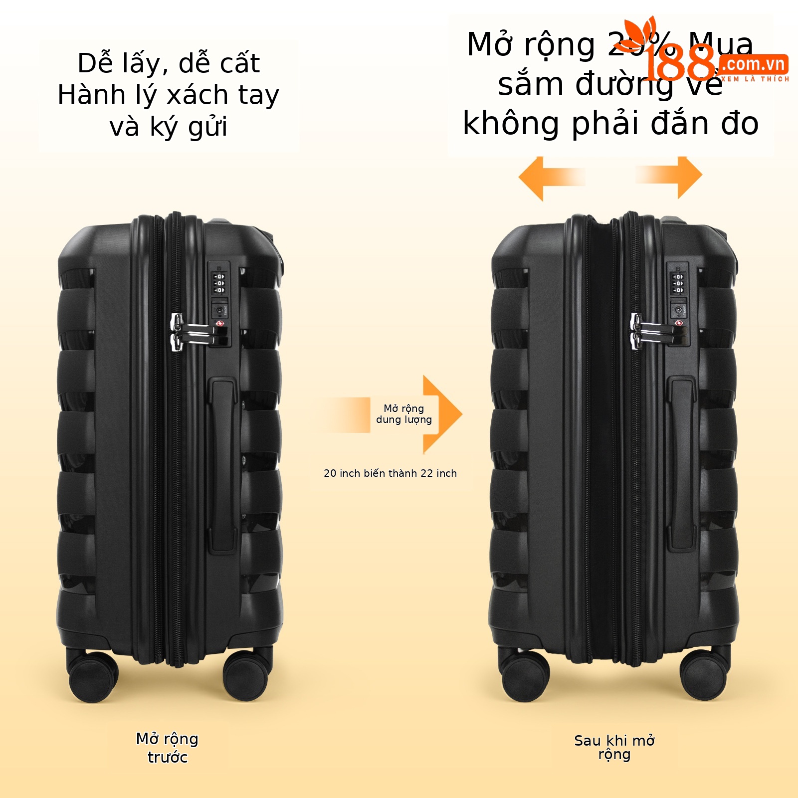 Bộ vali kéo nhẹ dung tích lớn LEAVESKING 3 mảnh 20/24/28 inch chất liệu PP chống mài mòn bánh xe đa hướng — màu đen, xám