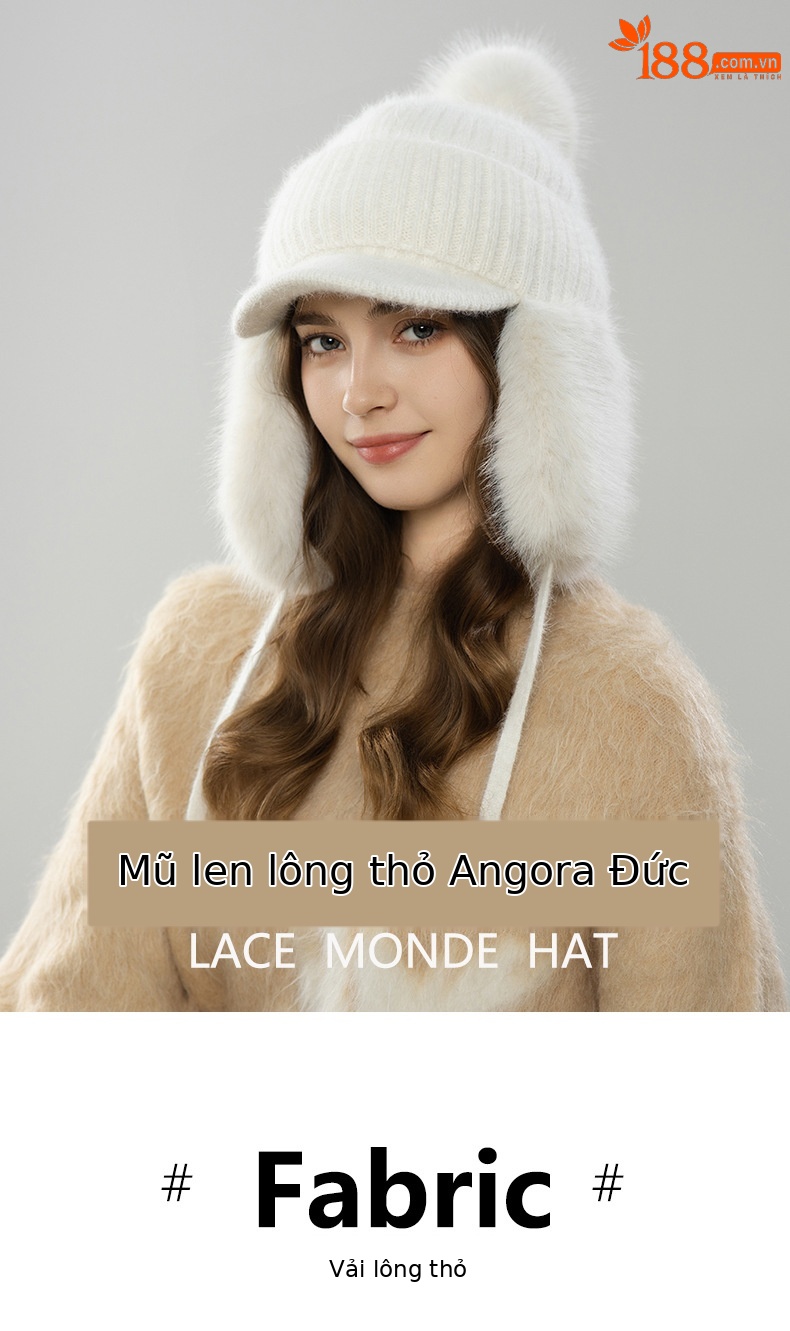 Mũ len beanie nữ lông thỏ giữ ấm mùa thu đông kiểu Hàn Quốc, mũ lưỡi vịt nhỏ có quả cầu lông — màu be chi tiết 2