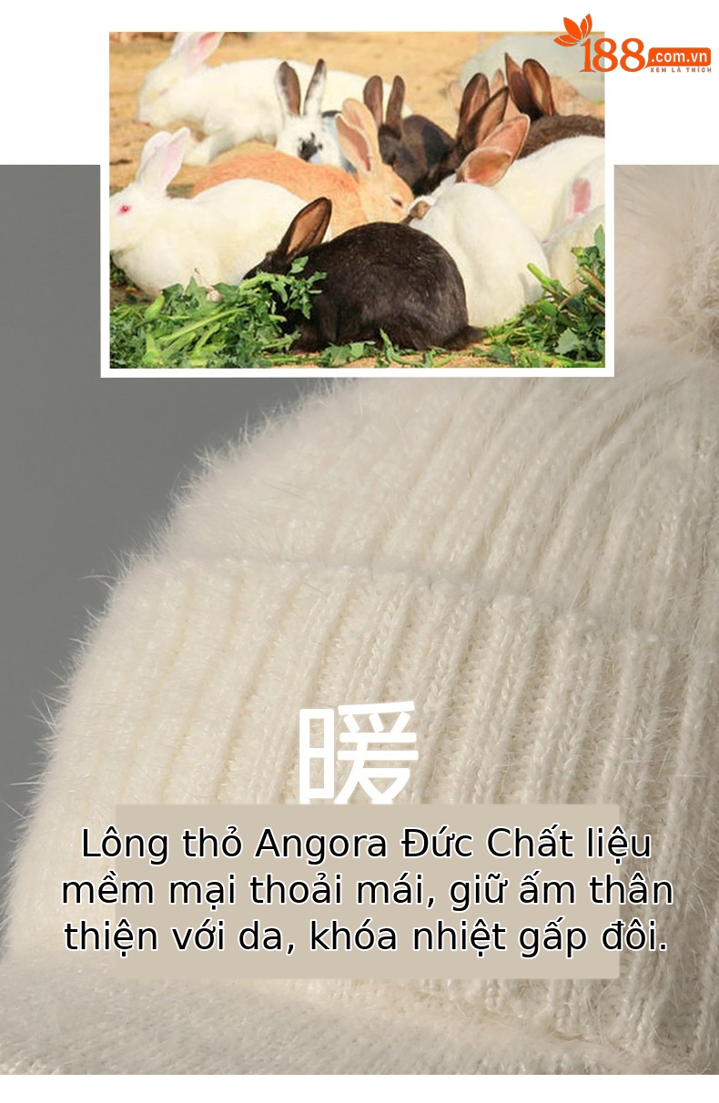 Mũ len beanie nữ lông thỏ giữ ấm mùa thu đông kiểu Hàn Quốc, mũ lưỡi vịt nhỏ có quả cầu lông — màu be chi tiết 3