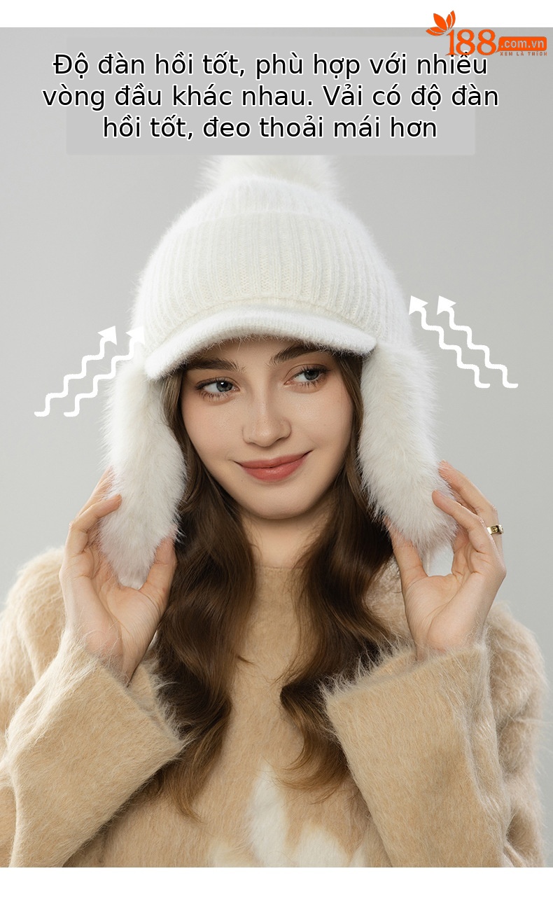 Mũ len beanie nữ lông thỏ giữ ấm mùa thu đông kiểu Hàn Quốc, mũ lưỡi vịt nhỏ có quả cầu lông — màu be chi tiết 4