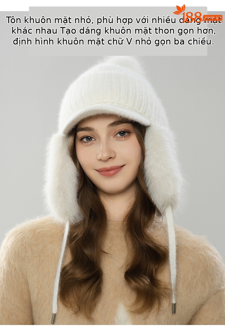 Mũ len beanie nữ lông thỏ giữ ấm mùa thu đông kiểu Hàn Quốc, mũ lưỡi vịt nhỏ có quả cầu lông — màu be chi tiết 6