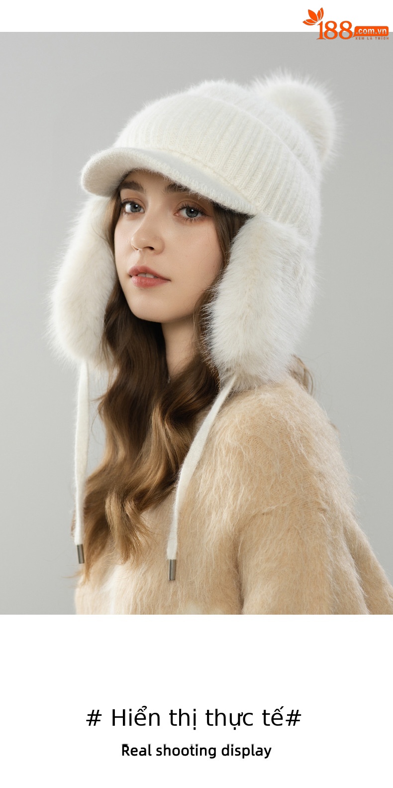 Mũ len beanie nữ lông thỏ giữ ấm mùa thu đông kiểu Hàn Quốc, mũ lưỡi vịt nhỏ có quả cầu lông — màu be chi tiết 7