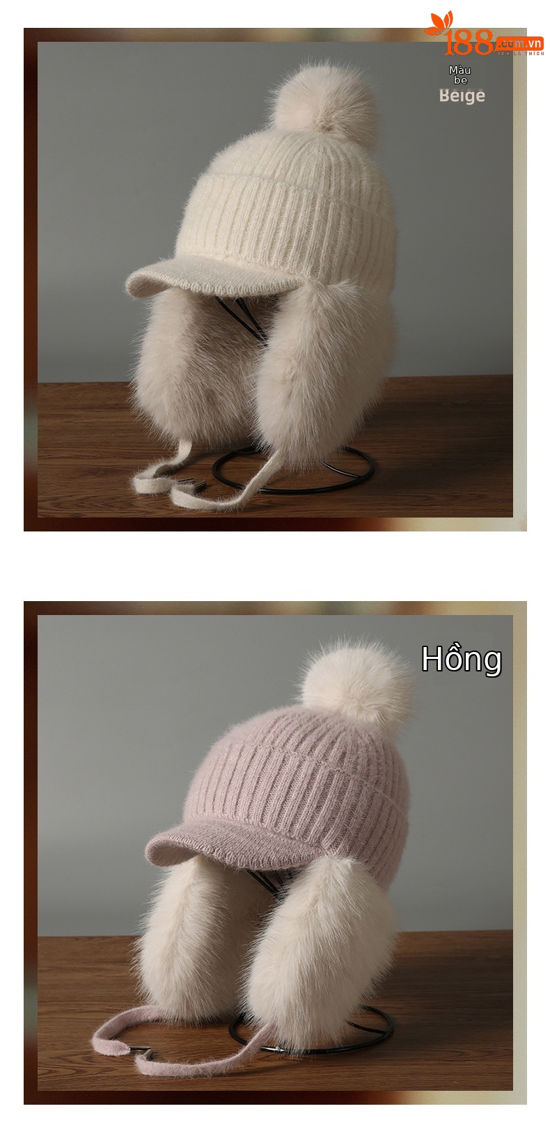 Mũ len beanie nữ lông thỏ giữ ấm mùa thu đông kiểu Hàn Quốc, mũ lưỡi vịt nhỏ có quả cầu lông — màu be chi tiết 8