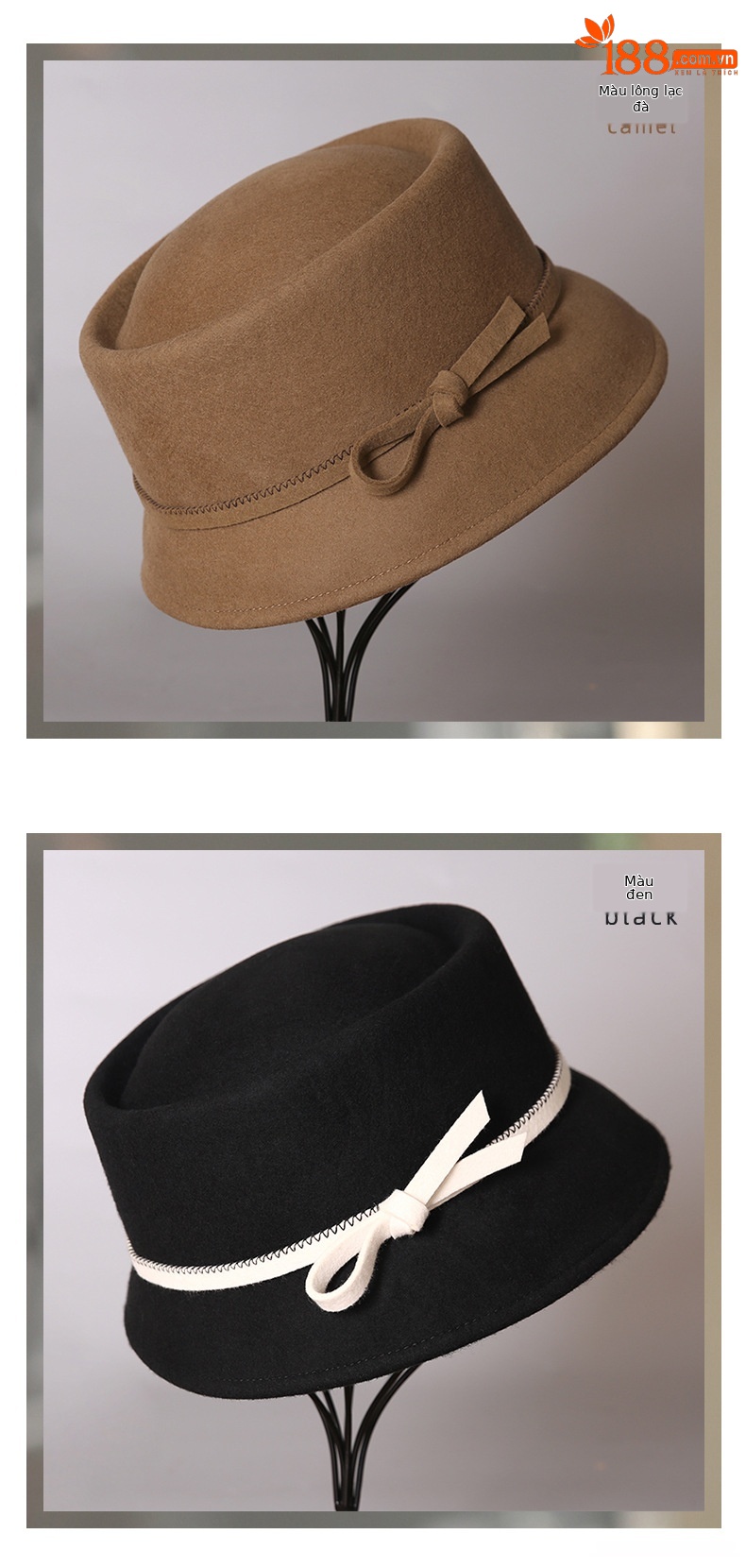 Mũ len nữ beanie phong cách Pháp trang trí nơ, chất len pha cao cấp ấm áp — màu đen chi tiết 9