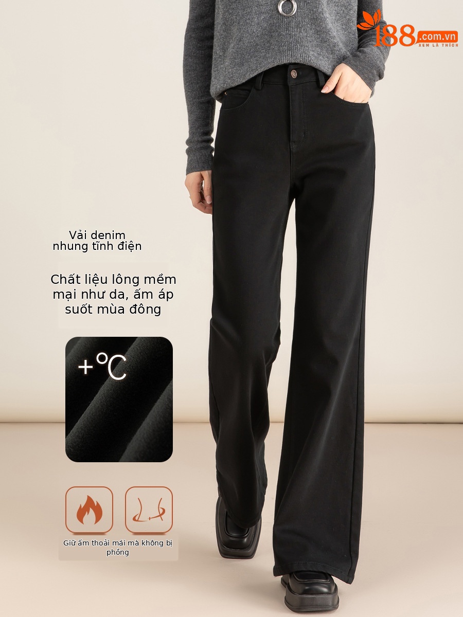 Quần jean nữ ống loe cạp cao chất Tencel co giãn, mẫu mùa đông — màu đen
