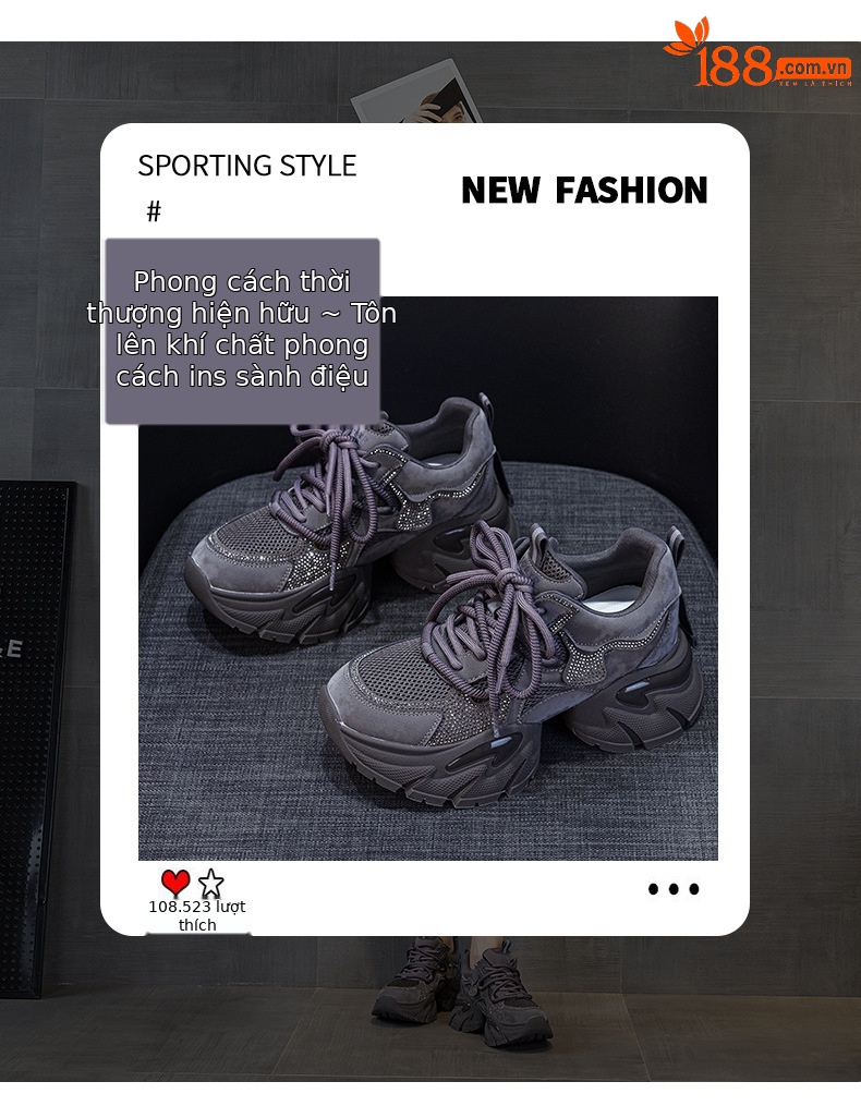 Giày sneaker nữ chunky đế dày tăng chiều cao, phong cách năng động, đế đệm khí — M2957 màu nâu, M2957 màu xám, M2957 màu đen chi tiết 3