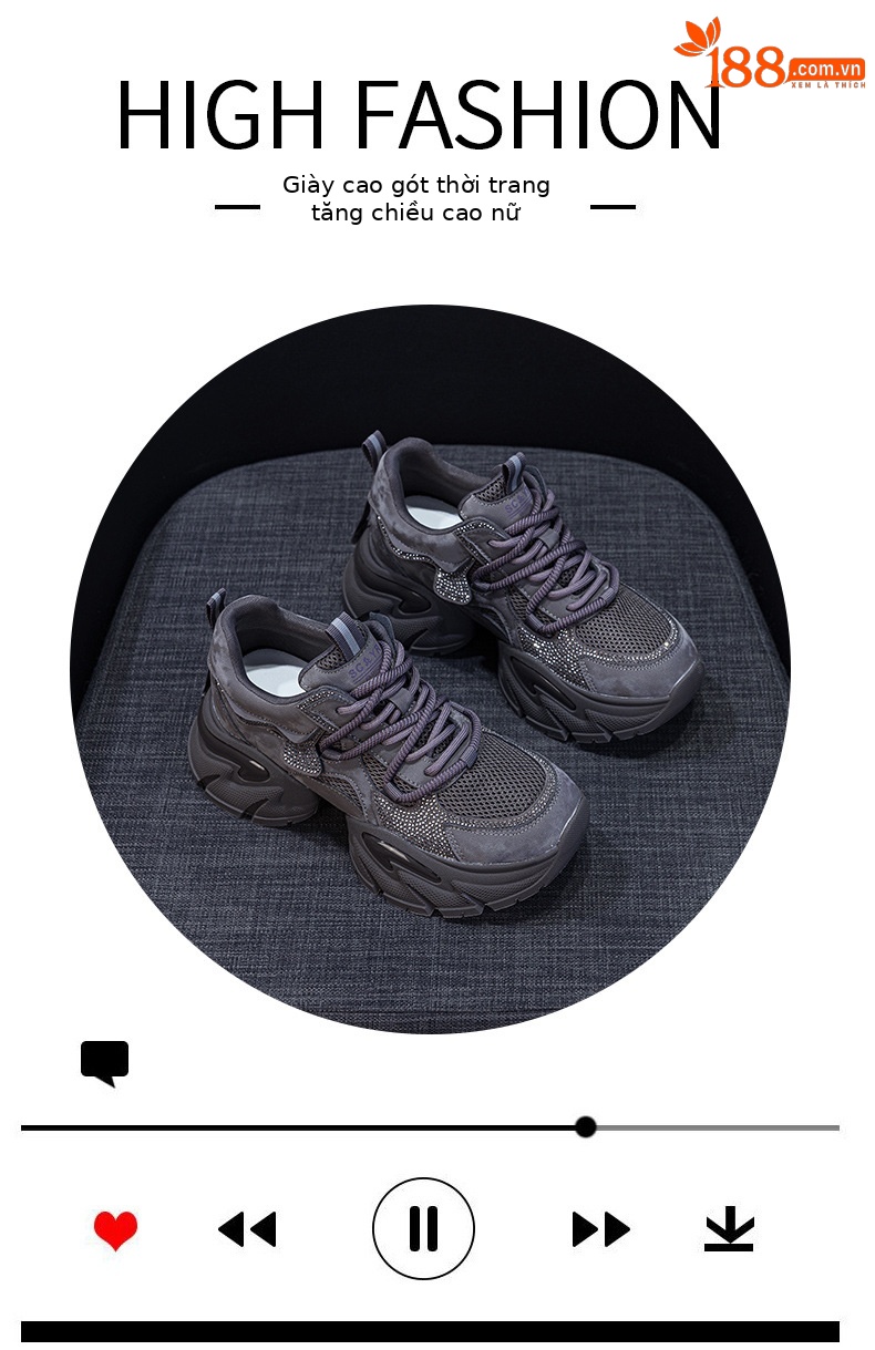 Giày sneaker nữ chunky đế dày tăng chiều cao, phong cách năng động, đế đệm khí — M2957 màu nâu, M2957 màu xám, M2957 màu đen chi tiết 5