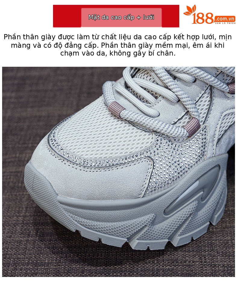 Giày sneaker nữ chunky đế dày tăng chiều cao, phong cách năng động, đế đệm khí — M2957 màu nâu, M2957 màu xám, M2957 màu đen chi tiết 7