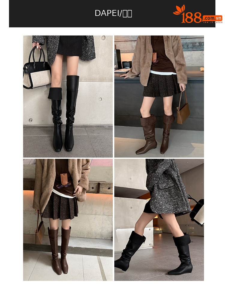Boot nữ cổ cao quá gối da thật mũi vuông gót xuồng tăng chiều cao — màu nâu, màu đen chi tiết 3