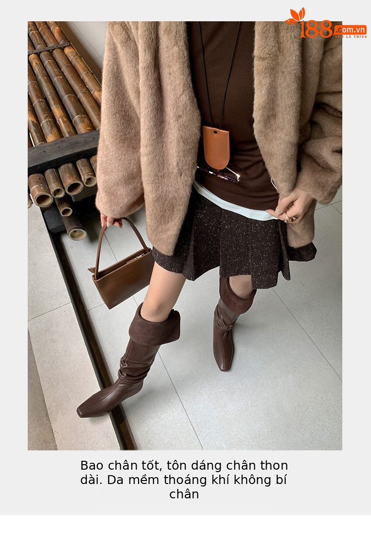 Boot nữ cổ cao quá gối da thật mũi vuông gót xuồng tăng chiều cao — màu nâu, màu đen chi tiết 5