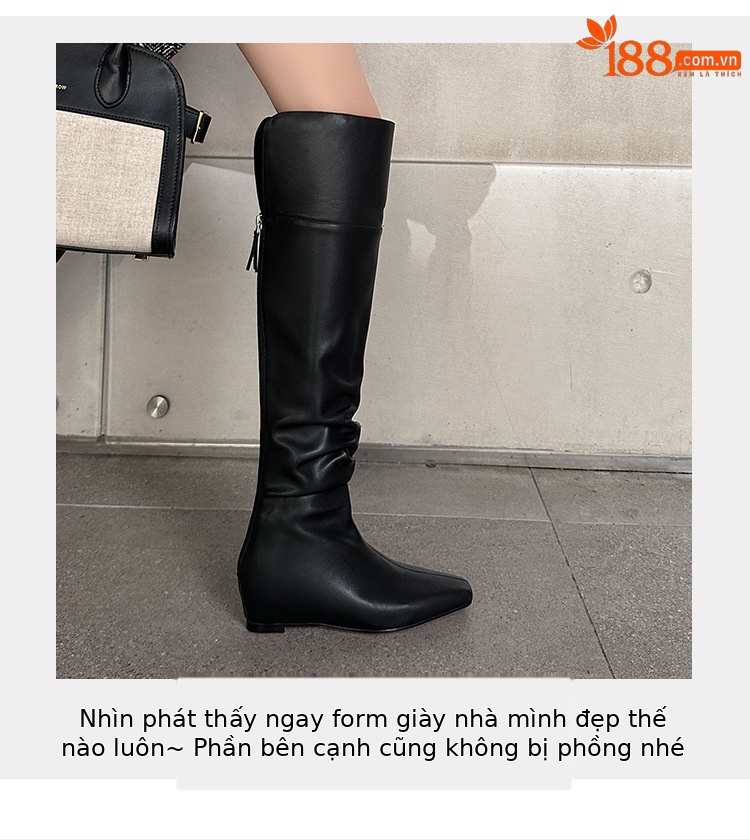Boot nữ cổ cao quá gối da thật mũi vuông gót xuồng tăng chiều cao — màu nâu, màu đen chi tiết 6