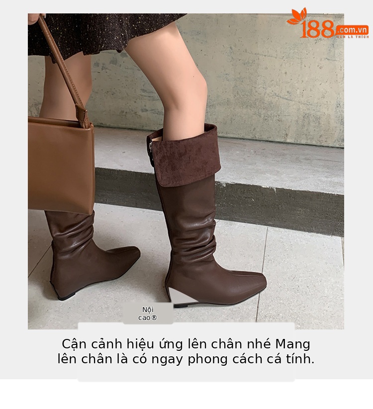 Boot nữ cổ cao quá gối da thật mũi vuông gót xuồng tăng chiều cao — màu nâu, màu đen chi tiết 7