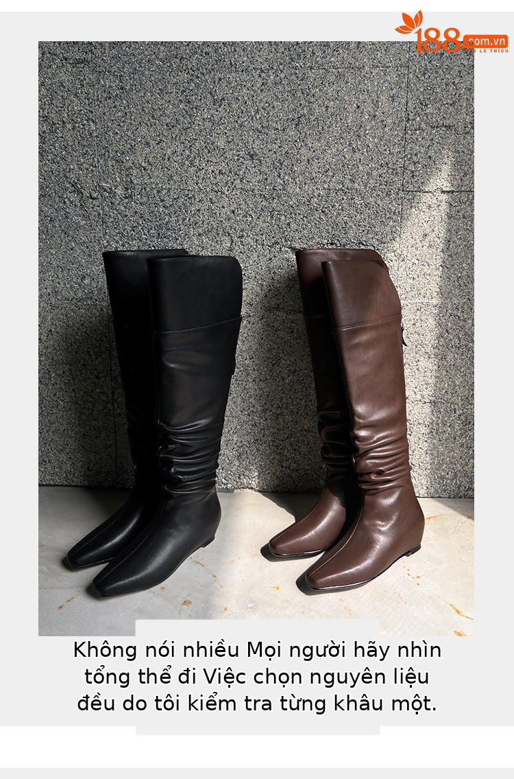 Boot nữ cổ cao quá gối da thật mũi vuông gót xuồng tăng chiều cao — màu nâu, màu đen chi tiết 10