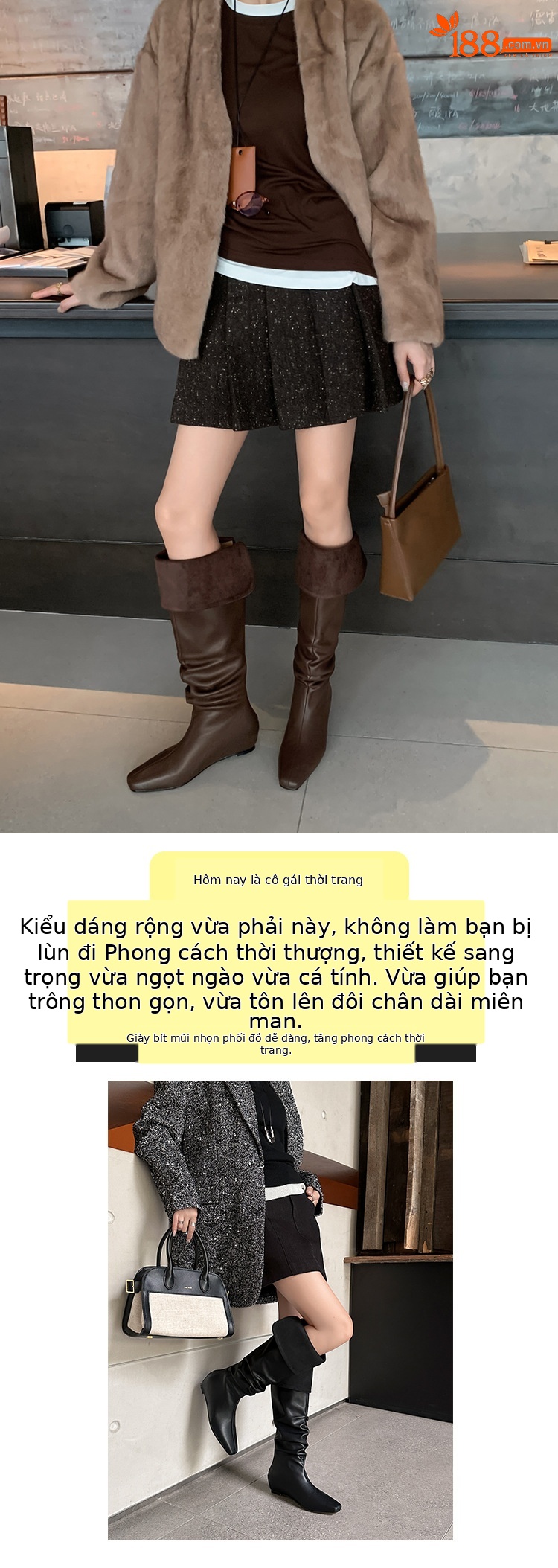 Boot nữ cổ cao quá gối da thật mũi vuông gót xuồng tăng chiều cao — màu nâu, màu đen chi tiết 2