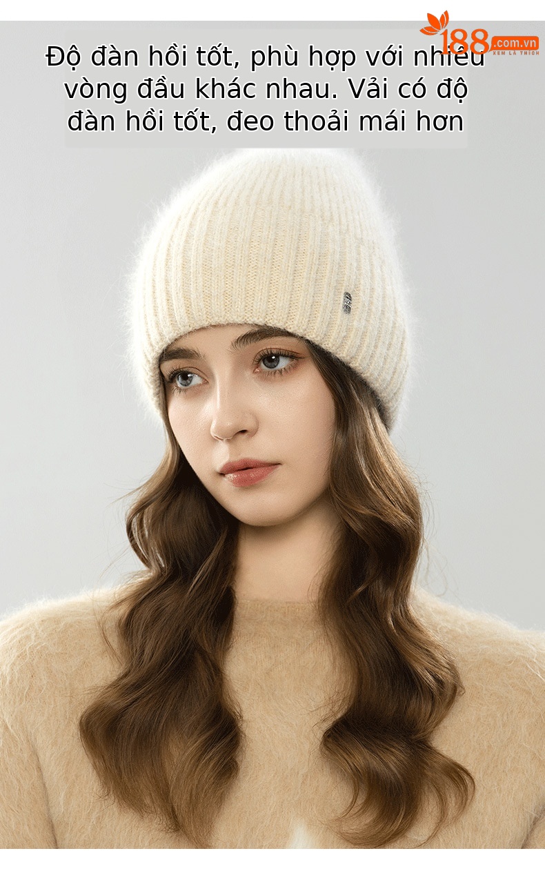 Mũ len beanie nữ lông thỏ dệt kim ấm áp mùa thu đông — màu be chi tiết 2