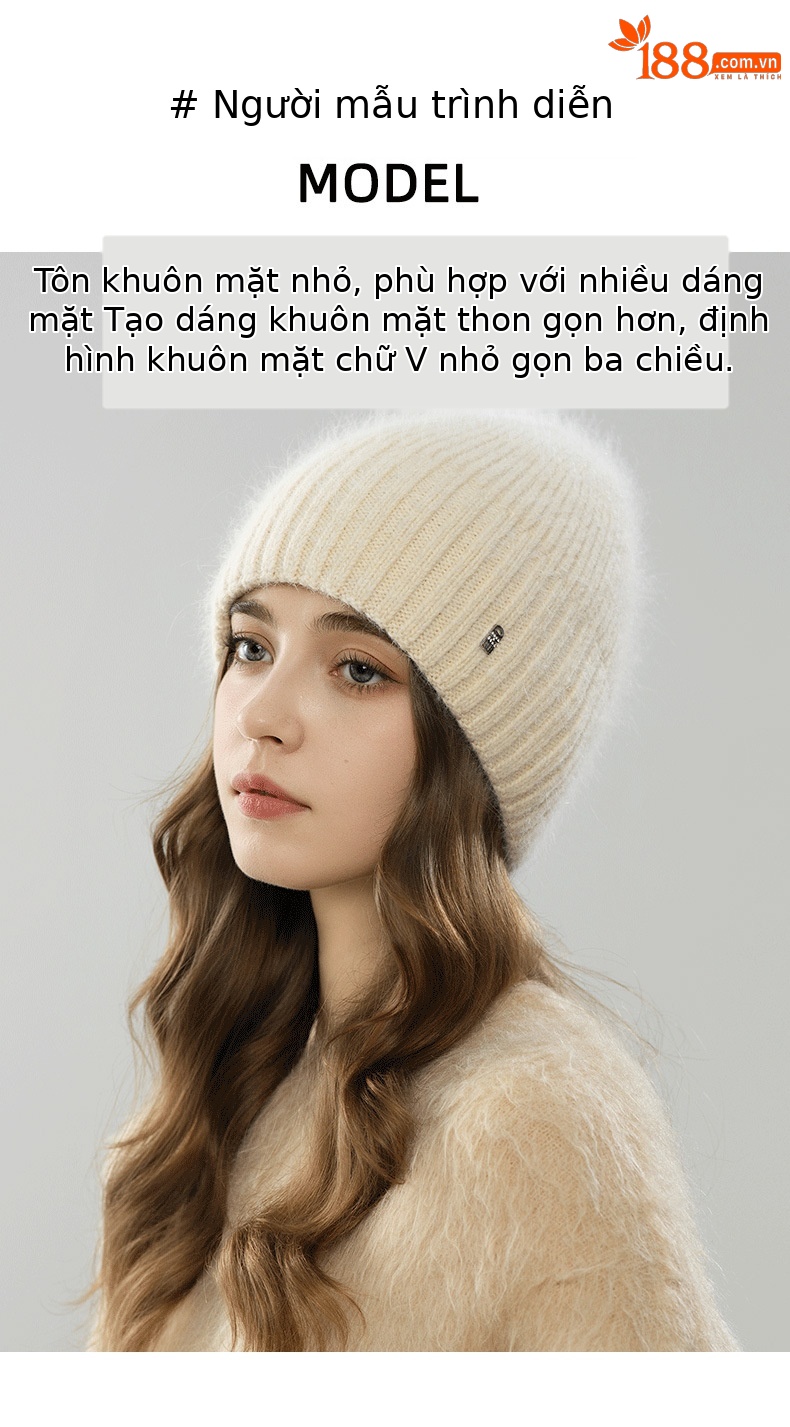 Mũ len beanie nữ lông thỏ dệt kim ấm áp mùa thu đông — màu be chi tiết 5
