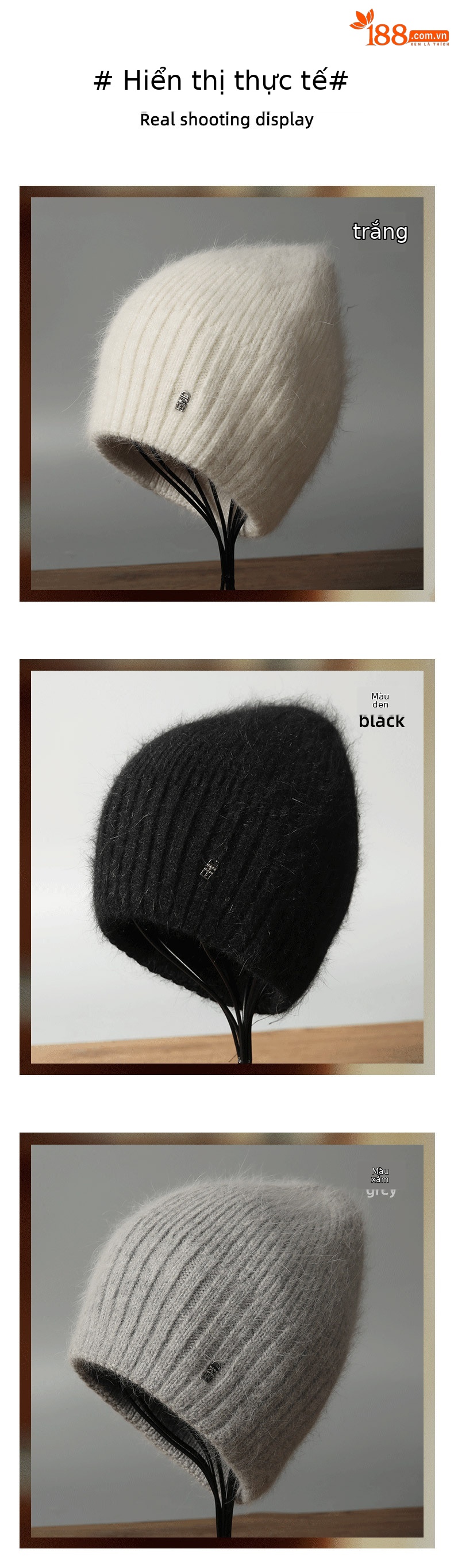 Mũ len beanie nữ lông thỏ dệt kim ấm áp mùa thu đông — màu be chi tiết 7