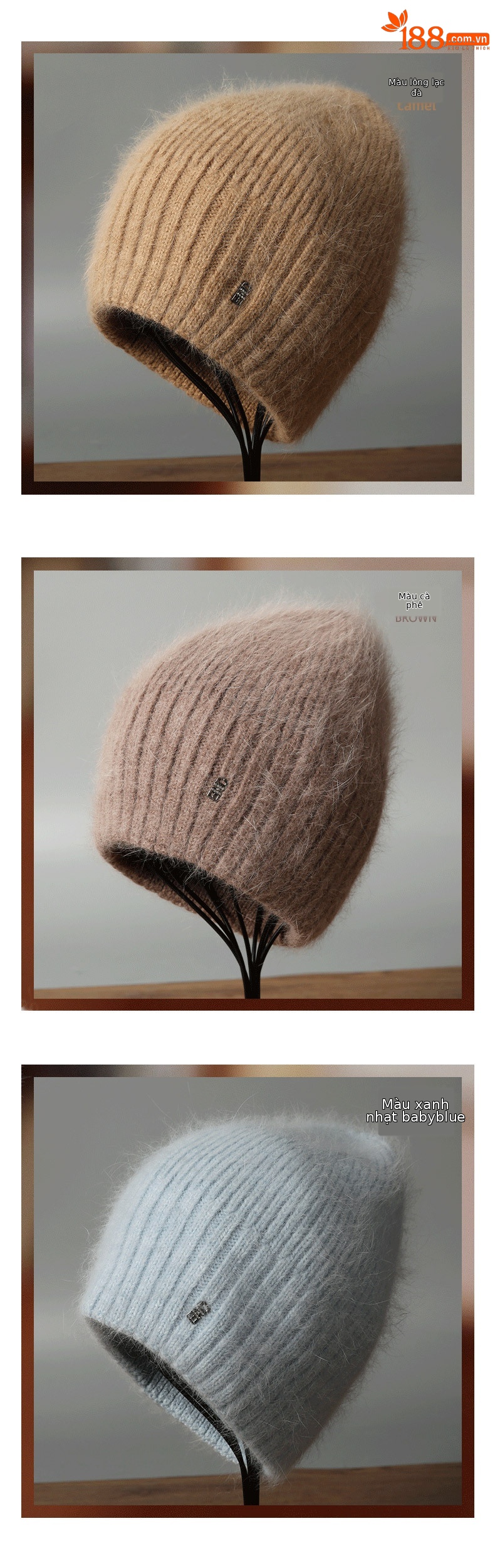 Mũ len beanie nữ lông thỏ dệt kim ấm áp mùa thu đông — màu be chi tiết 8