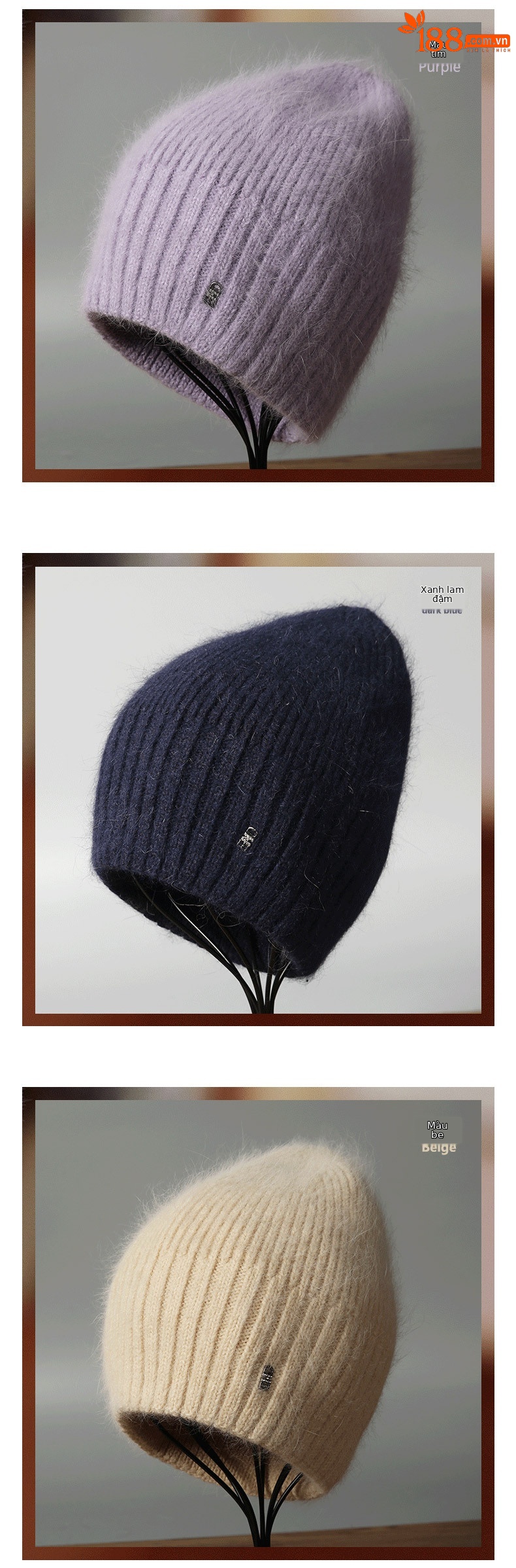 Mũ len beanie nữ lông thỏ dệt kim ấm áp mùa thu đông — màu be chi tiết 9