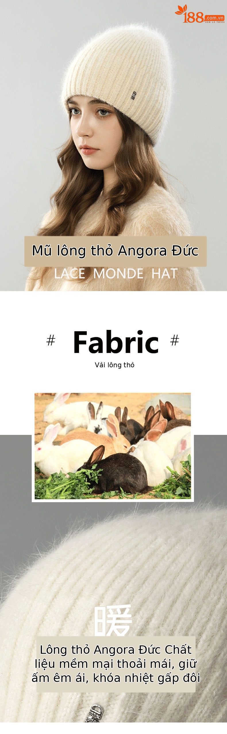 Mũ len beanie nữ lông thỏ dệt kim ấm áp mùa thu đông — màu be chi tiết 1