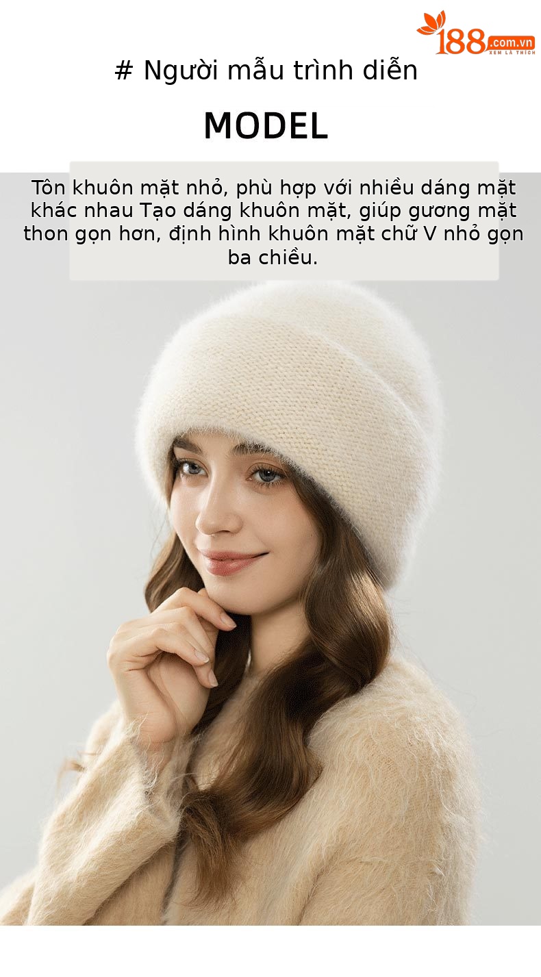 Mũ len beanie nữ dệt kim len thỏ Angora, chu vi vòng đầu lớn, giữ ấm mùa đông — màu be chi tiết 5