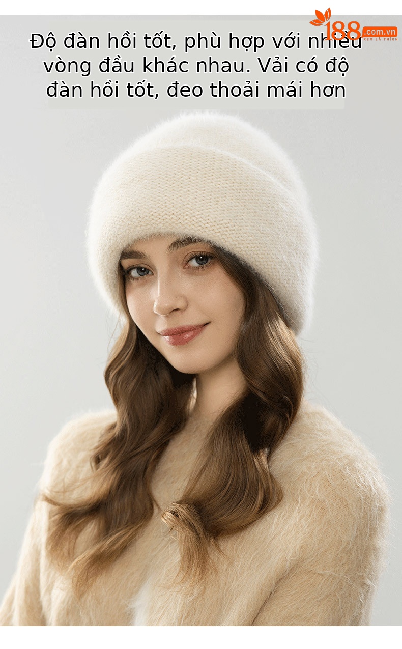 Mũ len beanie nữ dệt kim len thỏ Angora, chu vi vòng đầu lớn, giữ ấm mùa đông — màu be chi tiết 6