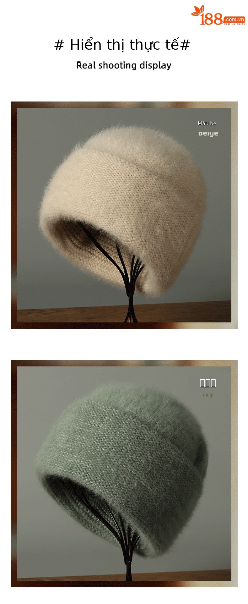 Mũ len beanie nữ dệt kim len thỏ Angora, chu vi vòng đầu lớn, giữ ấm mùa đông — màu be chi tiết 7