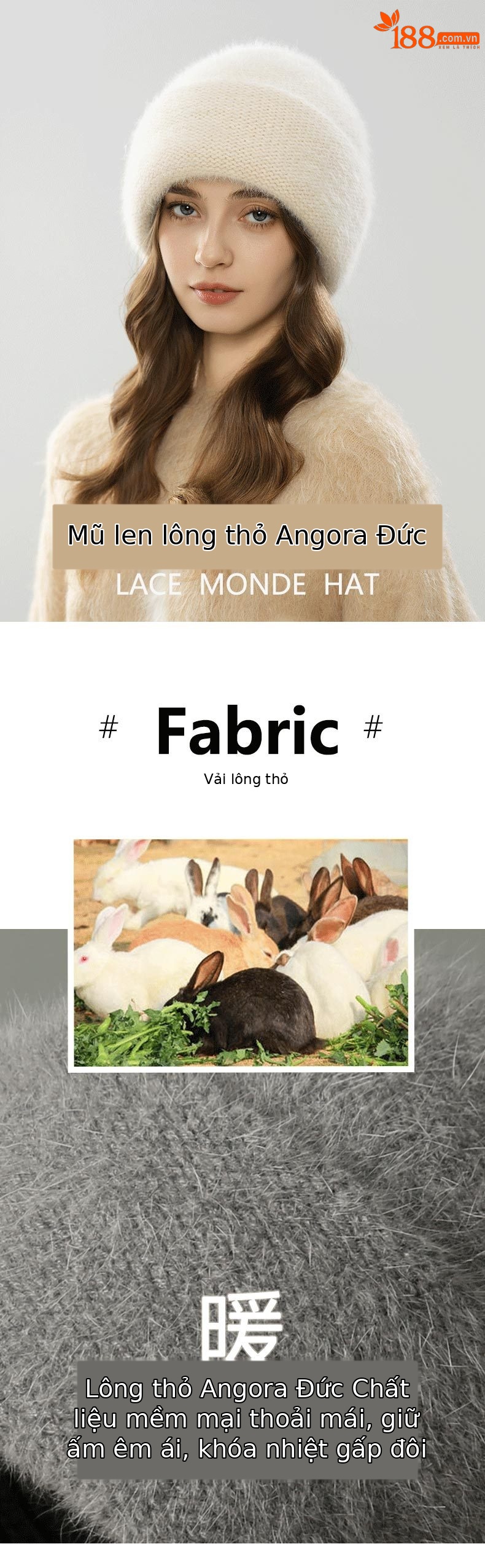 Mũ len beanie nữ dệt kim len thỏ Angora, chu vi vòng đầu lớn, giữ ấm mùa đông — màu be chi tiết 1