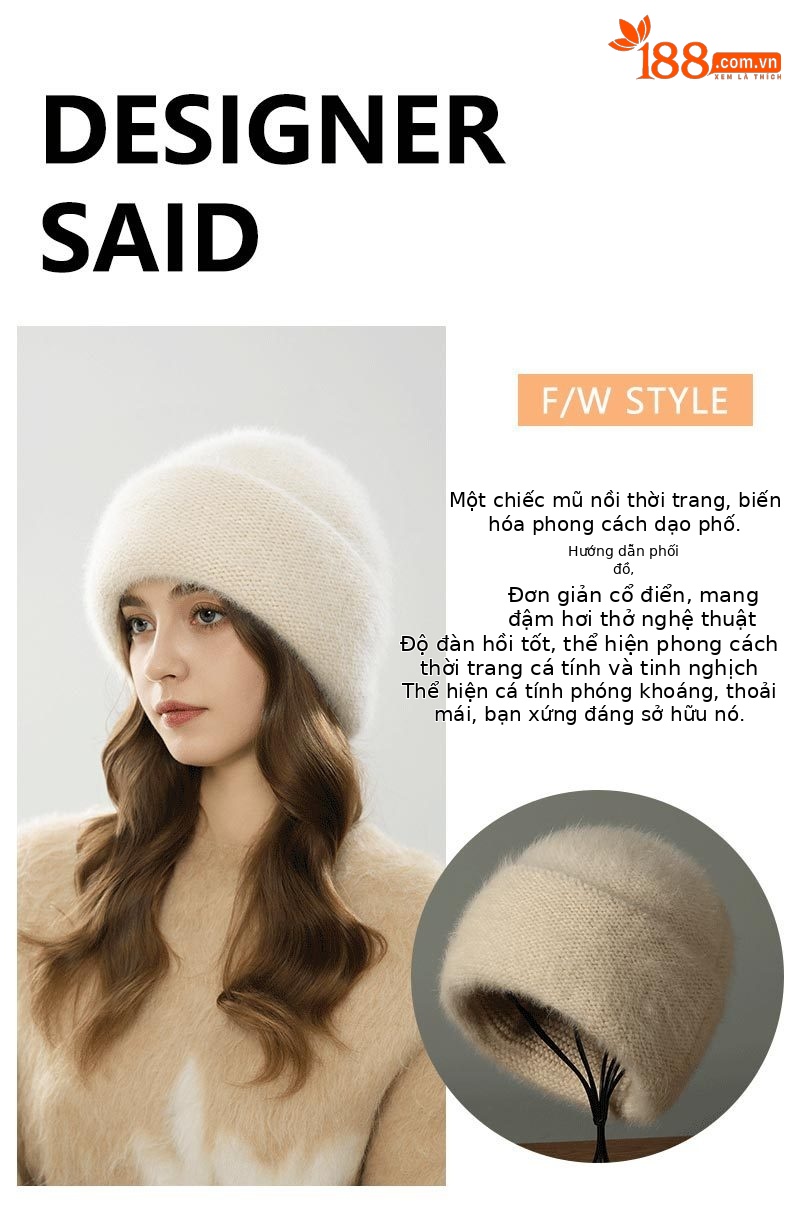 Mũ len beanie nữ dệt kim len thỏ Angora, chu vi vòng đầu lớn, giữ ấm mùa đông — màu be chi tiết 2