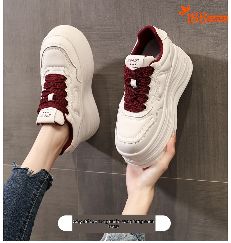 Giày sneaker nữ đế xuồng tăng chiều cao, đế dày 8 cm, phong cách thể thao — Màu nâu chi tiết 1