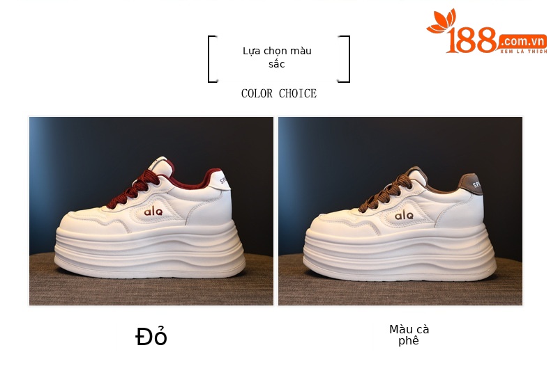 Giày sneaker nữ đế xuồng tăng chiều cao, đế dày 8 cm, phong cách thể thao — Màu nâu chi tiết 2