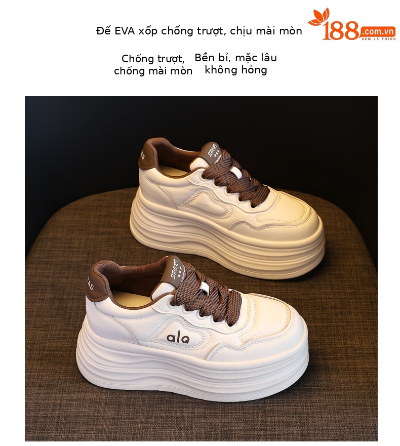 Giày sneaker nữ đế xuồng tăng chiều cao, đế dày 8 cm, phong cách thể thao — Màu nâu chi tiết 10