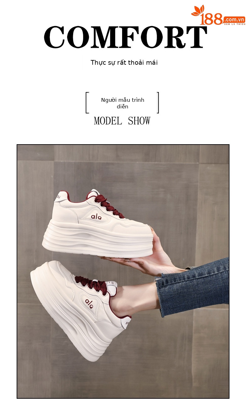 Giày sneaker nữ đế xuồng tăng chiều cao, đế dày 8 cm, phong cách thể thao — Màu nâu chi tiết 11