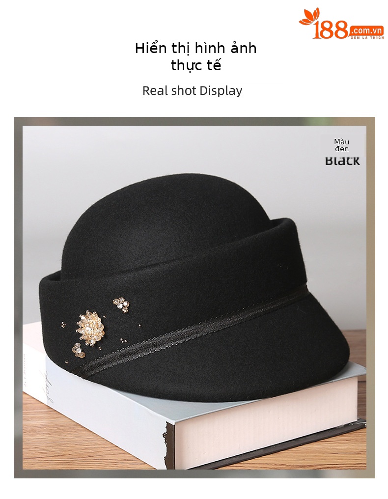 Mũ beret nữ kiểu Hepburn Pháp len đen họa tiết hoa mùa thu đông — cơm trộn chi tiết 8