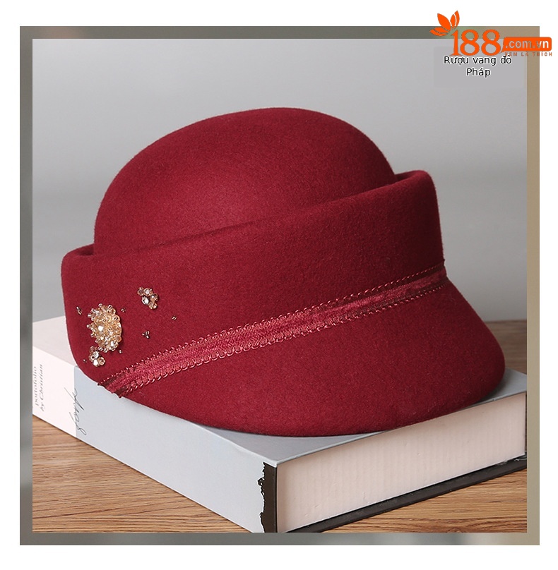 Mũ beret nữ kiểu Hepburn Pháp len đen họa tiết hoa mùa thu đông — cơm trộn chi tiết 9
