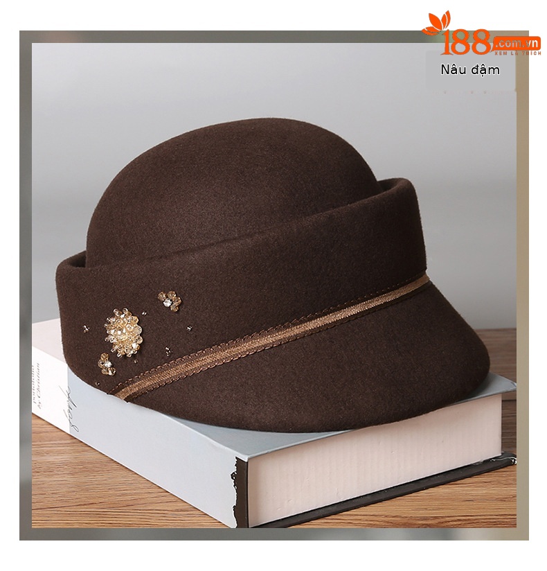 Mũ beret nữ kiểu Hepburn Pháp len đen họa tiết hoa mùa thu đông — cơm trộn chi tiết 10