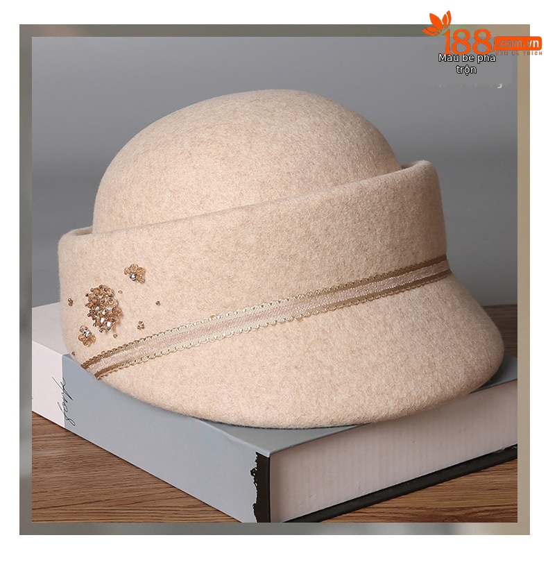 Mũ beret nữ kiểu Hepburn Pháp len đen họa tiết hoa mùa thu đông — cơm trộn chi tiết 11