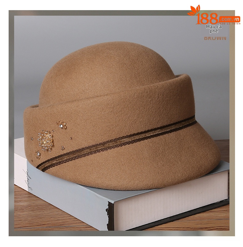 Mũ beret nữ kiểu Hepburn Pháp len đen họa tiết hoa mùa thu đông — cơm trộn chi tiết 12