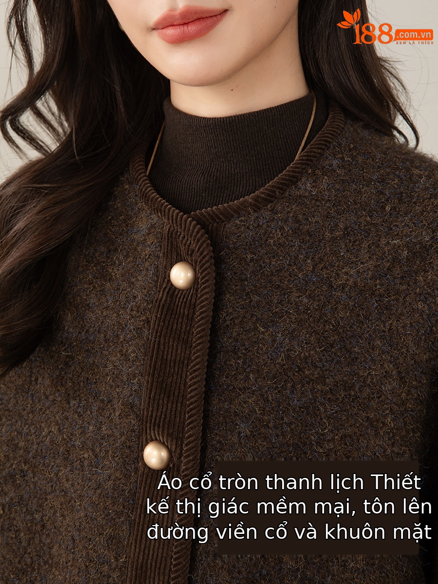 Áo khoác len dạ nữ cổ tròn dáng ngắn phong cách Pháp — Màu nâu