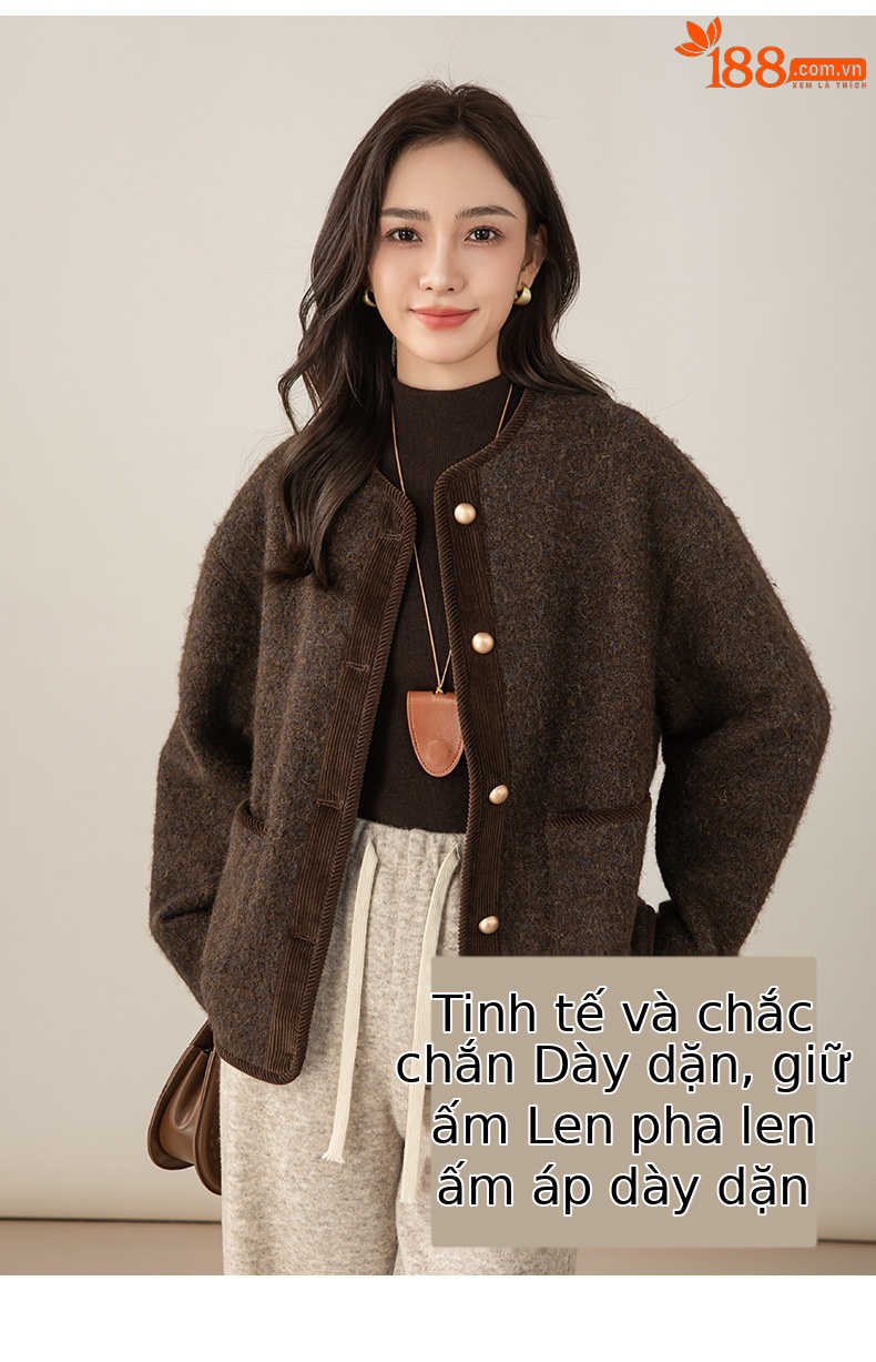 Áo khoác len dạ nữ cổ tròn dáng ngắn phong cách Pháp — Màu nâu chi tiết 14
