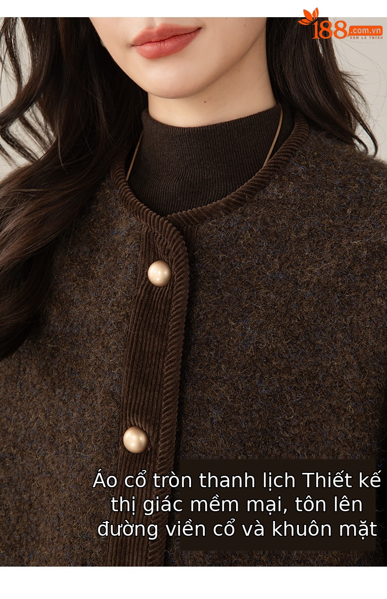 Áo khoác len dạ nữ cổ tròn dáng ngắn phong cách Pháp — Màu nâu chi tiết 16