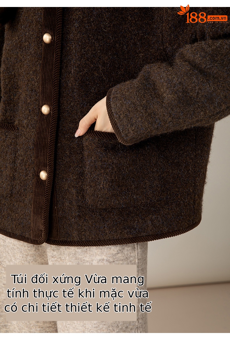 Áo khoác len dạ nữ cổ tròn dáng ngắn phong cách Pháp — Màu nâu chi tiết 17